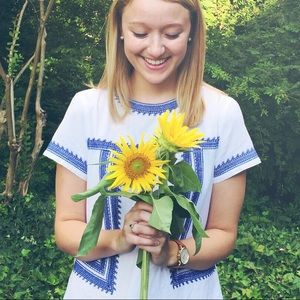 White and Blue Embroidered Top